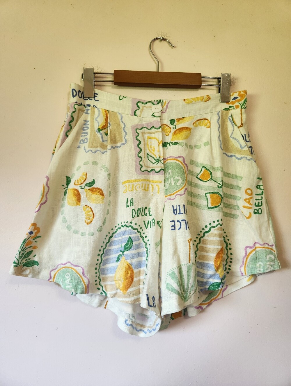 Paper Heart Italian Summer Linen Lemon Print Dolce Vita Shorts Tomato Girl Sz M